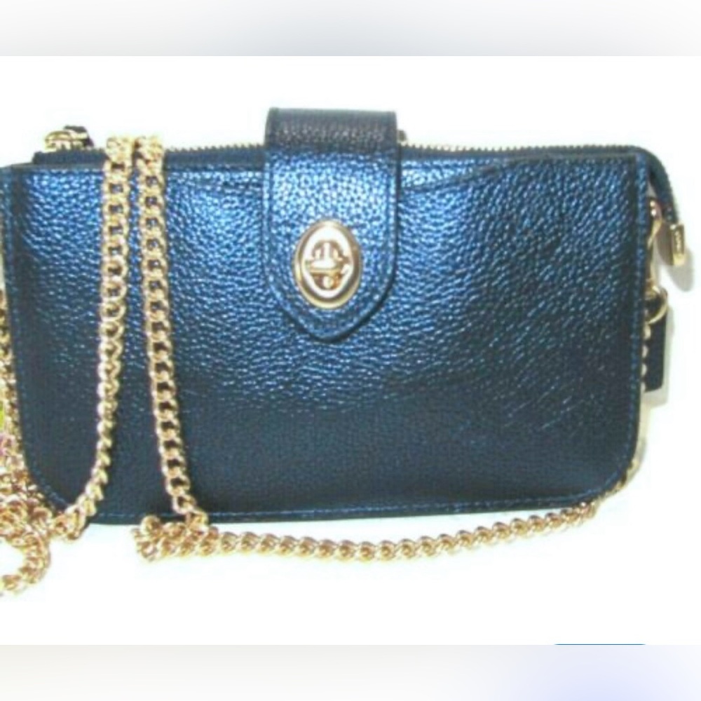 AUTH COACH Pebbled Dark Blue Leather Crossbody Bag